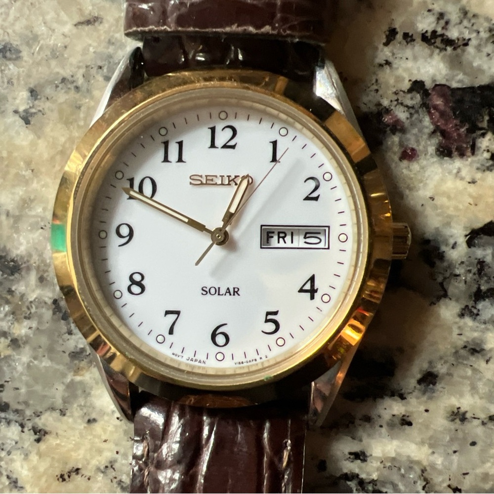 Seiko White Dial Gold-Tone Bezel Watch with Brown Strap